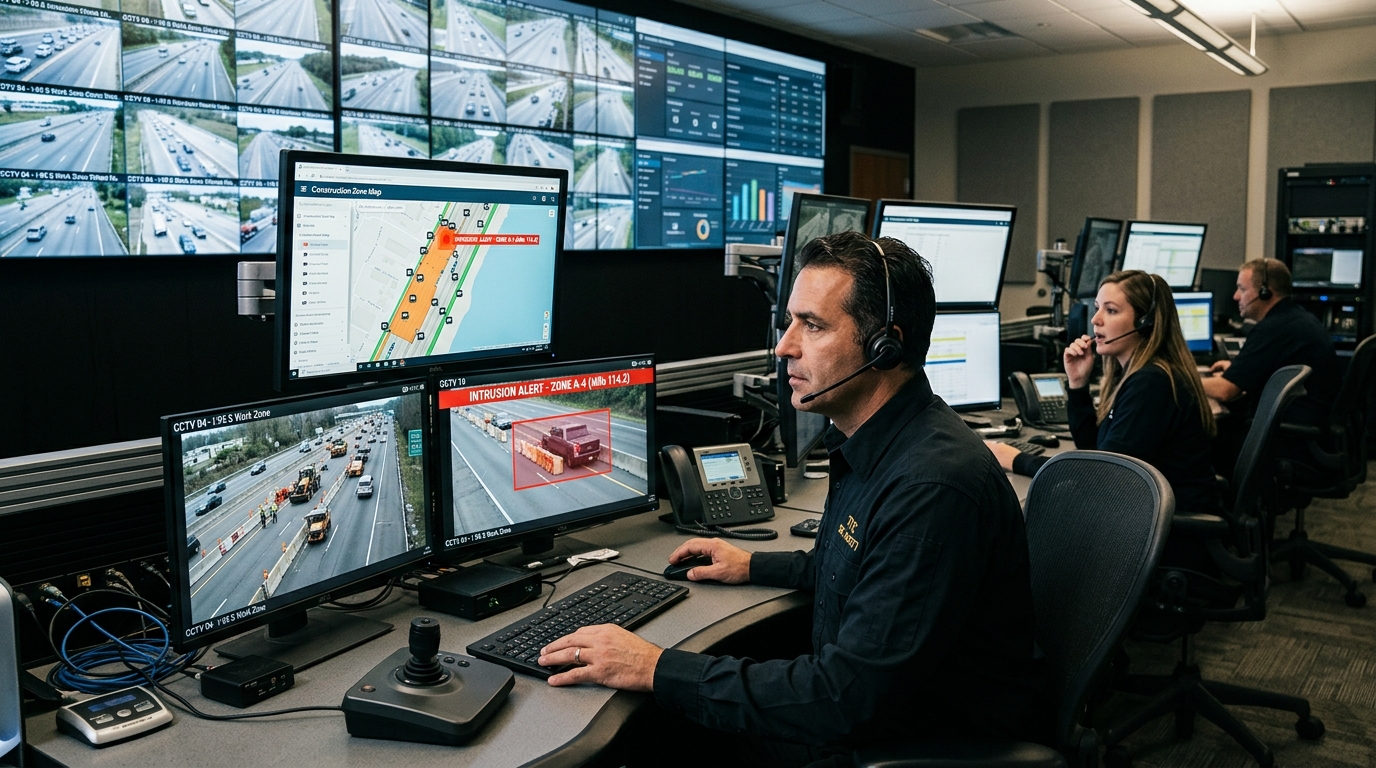 Centro de control monitoreando alertas de intrusión en zonas de obra