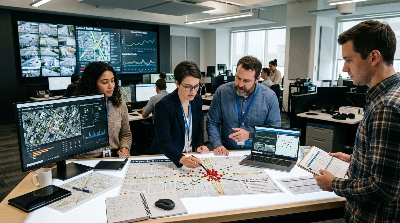 Equipo de seguridad vial revisando datos de velocidad y mapas de accidentes