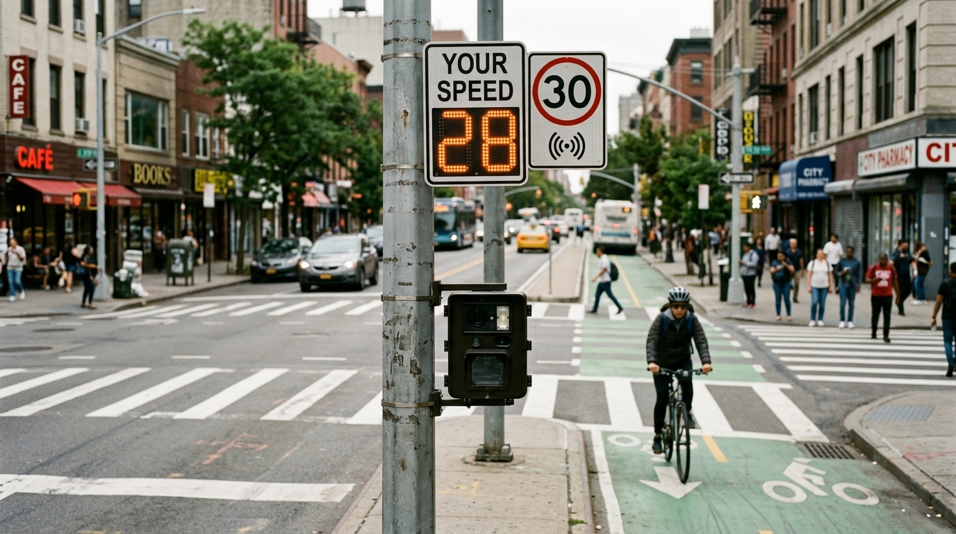 Señal digital y cámara de velocidad en una vía urbana de alto riesgo