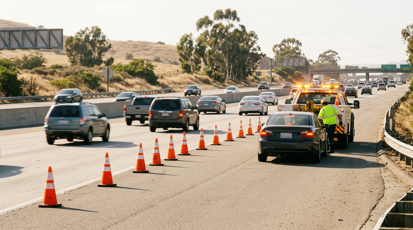 Ley Move Over de California 2026 junto a vehículo detenido en autopista